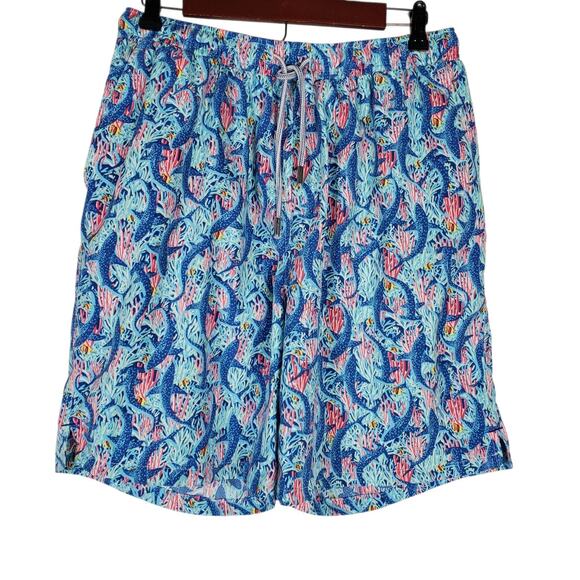 Peter Millar Seaside Collection Mesh Lined Swim Trunks Size L Blue Pink Coral - Picture 1 of 10